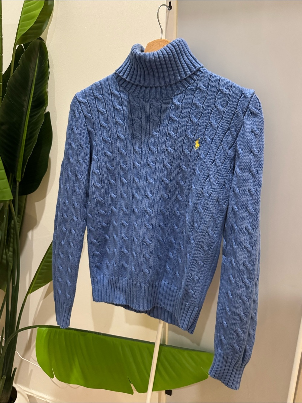 Ralph Lauren Blue Cable Knit Turtleneck Sweater w/ Yellow Pony - Picture 2 of 10